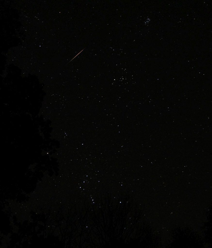 Night view of the stars around Orion and The Pleiades with a meteor streaking between the two constellations.